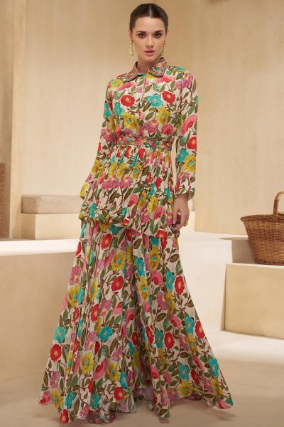 Multicolor Cotton Printed & Embroidered Indo-western Top & Palazzo Set With Belt