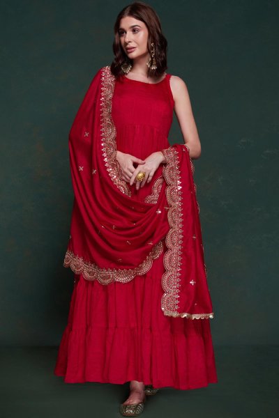 Red Embroidered Georgette Anarkali Dress With Dupatta
