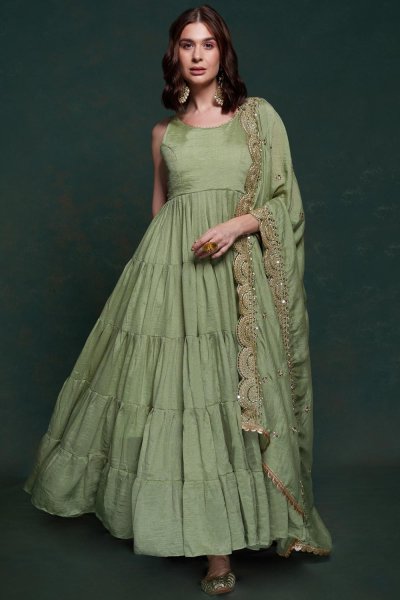 Pastel Green Embroidered Georgette Anarkali Dress With Dupatta