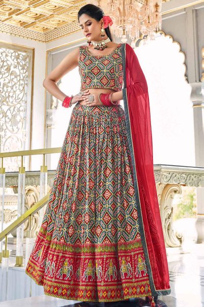 Red & Multicolor Cotton Printed & Embroidered Lehenga Set