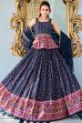 Navy Blue Cotton Printed & Embroidered Lehenga Set