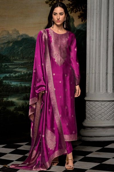Stunning Magenta Pink Silk Zari Woven Kurta Set