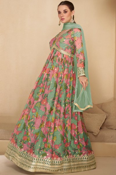 Mint & Multicolor Georgette Printed & Embroidered Anarkali Dress With Dupatta
