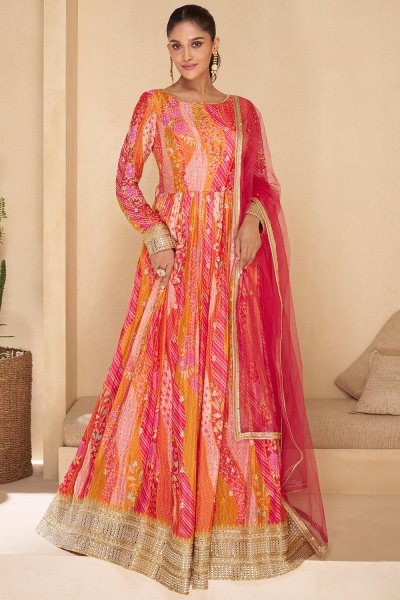 Deep Coral & Multicolor Georgette Printed & Embroidered Anarkali Dress With Dupatta