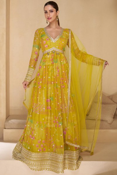Mustard Georgette Printed & Embroidered Anarkali Dress With Dupatta