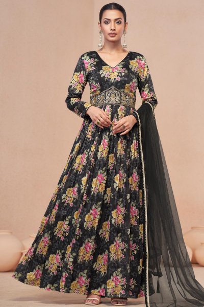 Black Georgette Floral Print & Embroidered Anarkali Dress With Dupatta