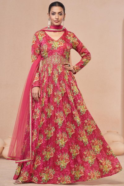 Pink Red Georgette Floral Print & Embroidered Anarkali Dress With Dupatta