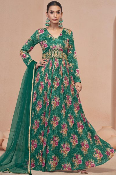 Teal Georgette Floral Print & Embroidered Anarkali Dress With Dupatta