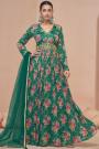 Teal Georgette Floral Print & Embroidered Anarkali Dress With Dupatta