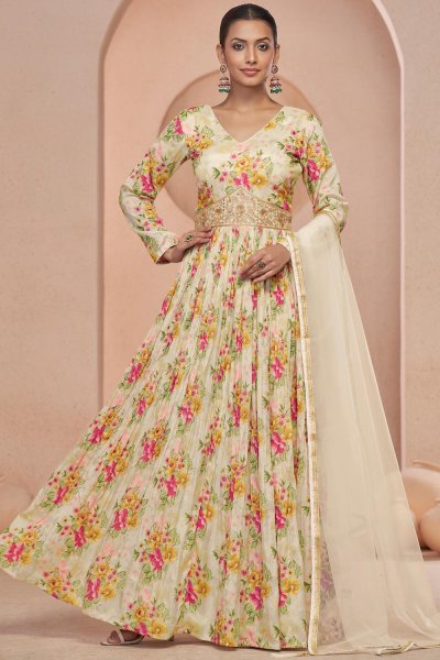 Ivory Georgette Floral Print & Embroidered Anarkali Dress With Dupatta