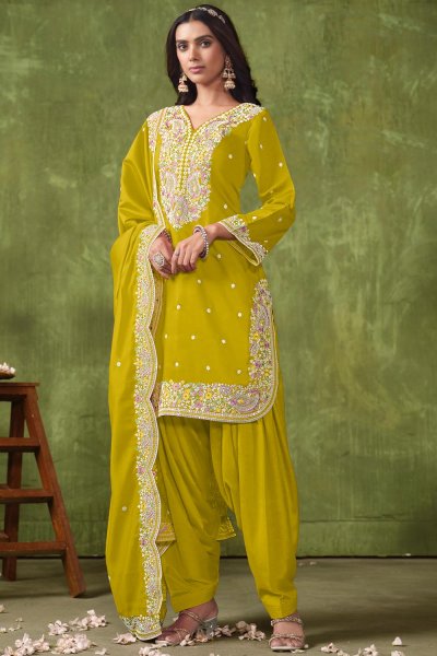 Mustard Chanderi Silk Embroidered Patiala Salwar Suit