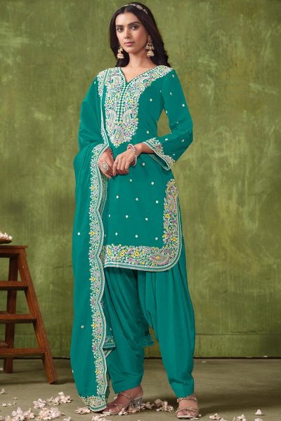 Aqua Chanderi Silk Embroidered Patiala Salwar Suit