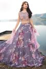 Lilac Printed & Embroidered Georgette Lehenga Set