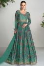 Teal Chinon Silk & Crepe Printed & Hand Embroidered Anarkali Dress