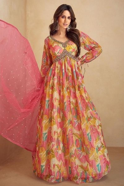 Multicolor Chinon Silk & Crepe Printed & Hand Embroidered Anarkali Dress