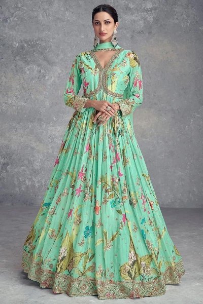 Mint Chinon Silk & Crepe Printed & Hand Embroidered Anarkali Dress