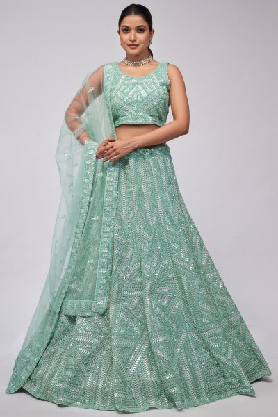 Mint Net Embroidered Lehenga Set