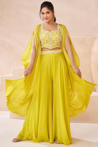 Lemon Yellow Georgette Embroidered 3 Piece Set