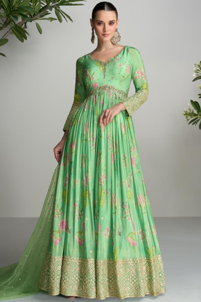 Pastel Green Chinon Silk & Crepe Printed & Hand Embroidered Anarkali Dress With Dupatta