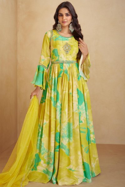 Lemon Yellow & Aqua Chinon Silk & Crepe Printed & Hand Embroidered Anarkali Dress With Dupatta