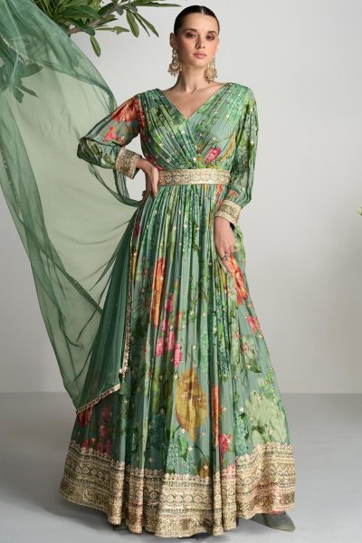 Fern Green Chinon Silk & Crepe Printed & Hand Embroidered Anarkali Dress With Dupatta