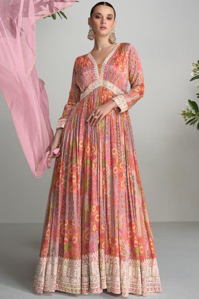Peach & Multicolor Chinon Silk & Crepe Printed & Hand Embroidered Anarkali Dress With Dupatta