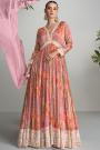 Peach & Multicolor Chinon Silk & Crepe Printed & Hand Embroidered Anarkali Dress With Dupatta