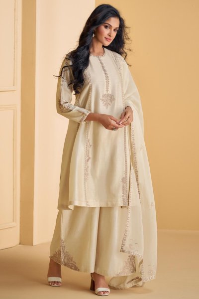 Ivory Silk Embroidered Kurta Set