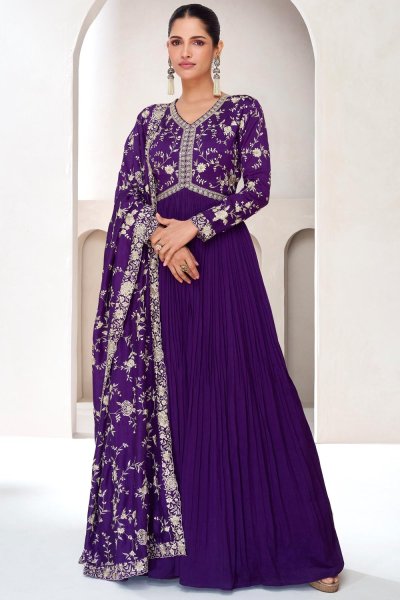 Purple Silk Embroidered Anarkali Dress With Dupatta