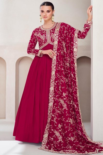 Red Pink Silk Embroidered Anarkali Dress With Dupatta