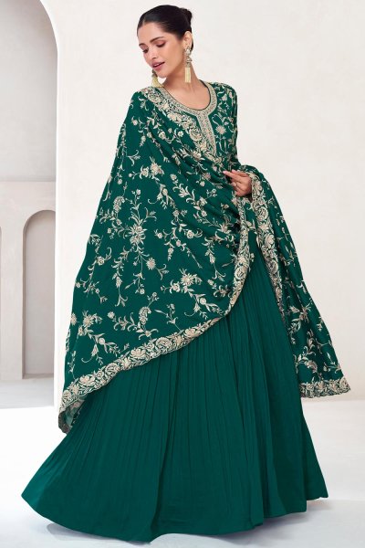 Teal Green Silk Embroidered Anarkali Dress With Dupatta