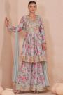 Light Blue Grey Chinon Silk Printed & Embroidered Sharara Suit Set