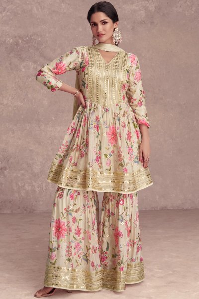 Ivory Gold Chinon Silk Printed & Embroidered Sharara Suit Set