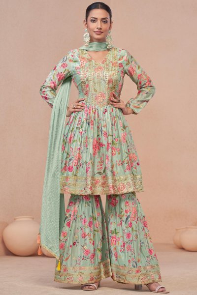 Mint Chinon Silk Printed & Embroidered Sharara Suit Set
