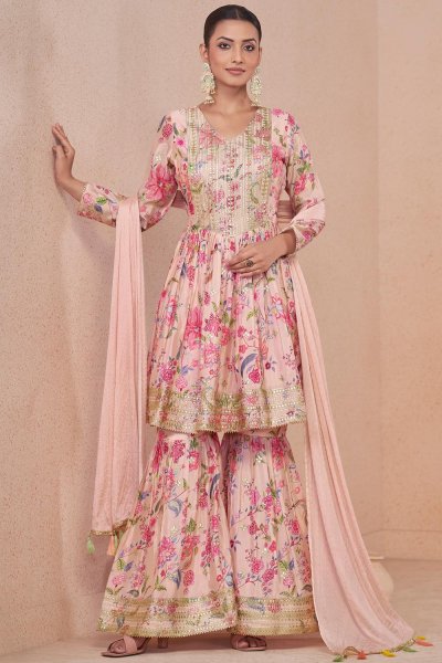 Baby Pink Chinon Silk Printed & Embroidered Sharara Suit Set