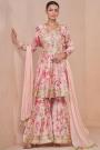 Baby Pink Chinon Silk Printed & Embroidered Sharara Suit Set