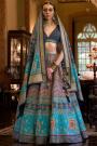 Blue Silk Rajwadi Printed & Embroidered Lehenga Set