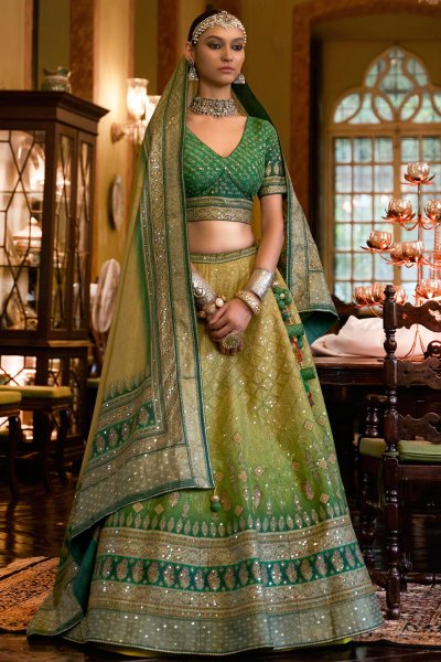 Green & Mustard Silk Rajwadi Printed & Embroidered Lehenga Set