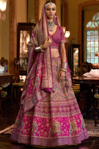 Pink Purple Silk Rajwadi Printed & Embroidered Lehenga Set