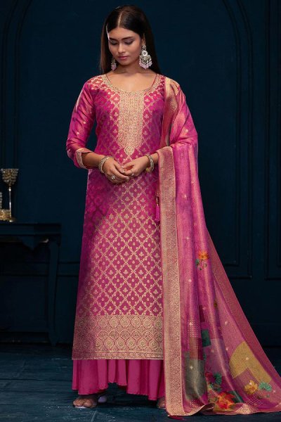 Pink Banarasi Silk Zari Woven & Stone Embellished Kurta Set