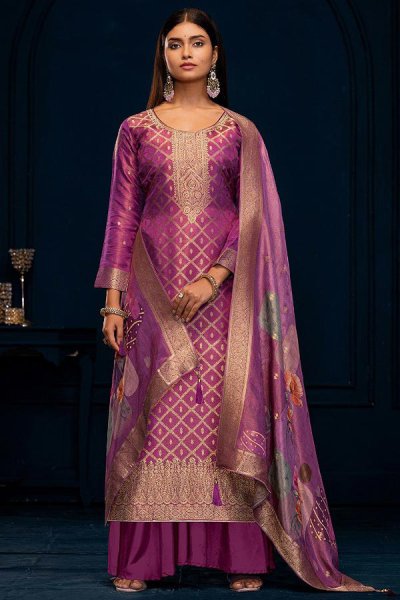 Purple Banarasi Silk Zari Woven & Stone Embellished Kurta Set