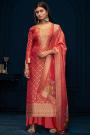 Coral Banarasi Silk Zari Woven & Stone Embellished Kurta Set