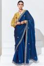 Prussian Blue Glass Tissue Organza Silk Embroidered Saree