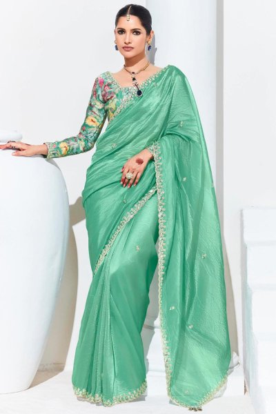 Aqua Green Glass Tissue Organza Silk Embroidered Saree