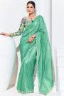 Aqua Green Glass Tissue Organza Silk Embroidered Saree