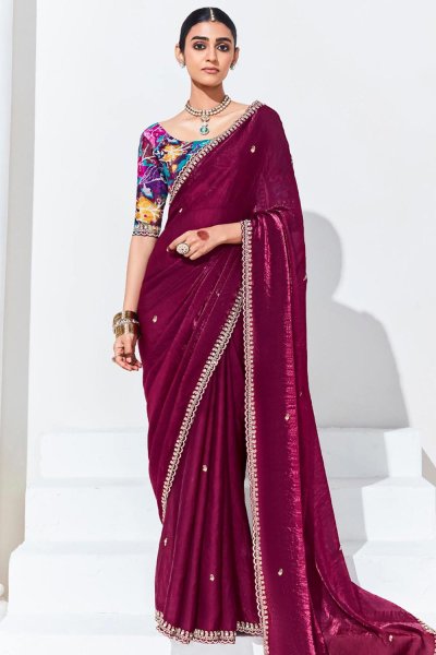 Wine Glass Tissue Organza Silk Embroidered Saree