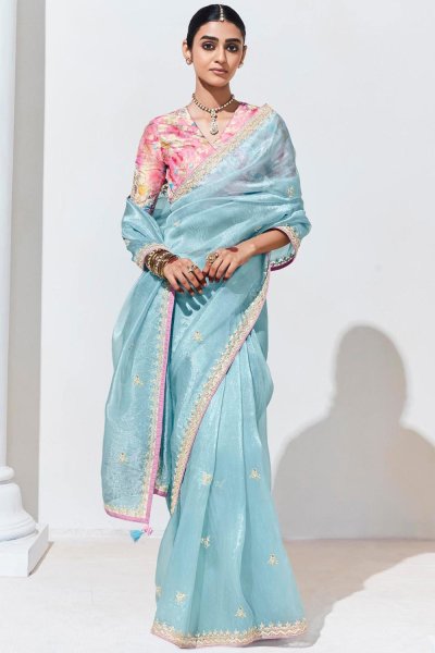 Sky Blue Glass Tissue Organza Silk Embroidered Saree