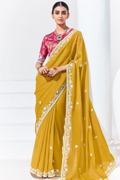 Mustard Glass Tissue Organza Silk Embroidered Saree