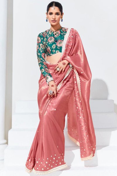 Coral Glass Tissue Organza Silk Embroidered Saree