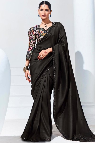 Black Glass Tissue Organza Silk Embroidered Saree